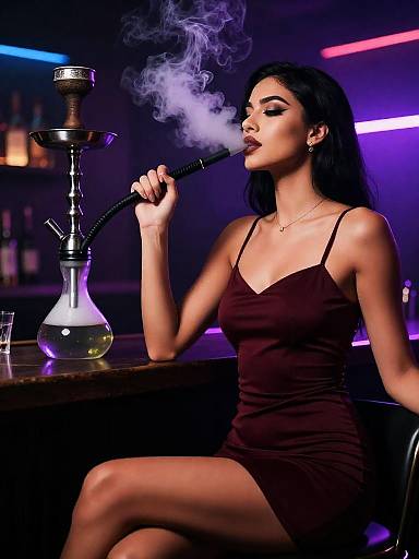 Mysterious Woman Smoking Shisha At Nightclub