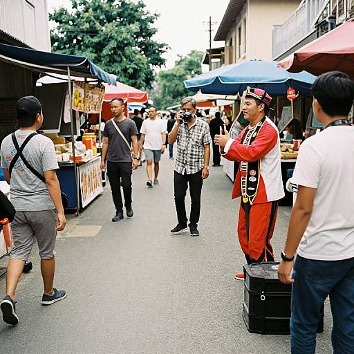 Photograph of a bustling outdoor market with diverse men in casual and traditional attire, under colorful umbrellas, on a narrow street.