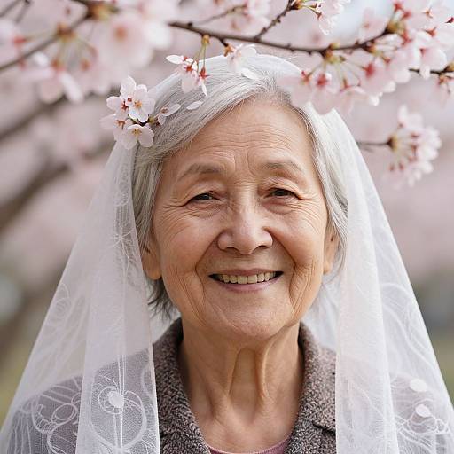 Photograph of smiling elderly Asian woman with gray hair, wearing white floral veil and gray top, surrounded by blooming cherry blossoms.