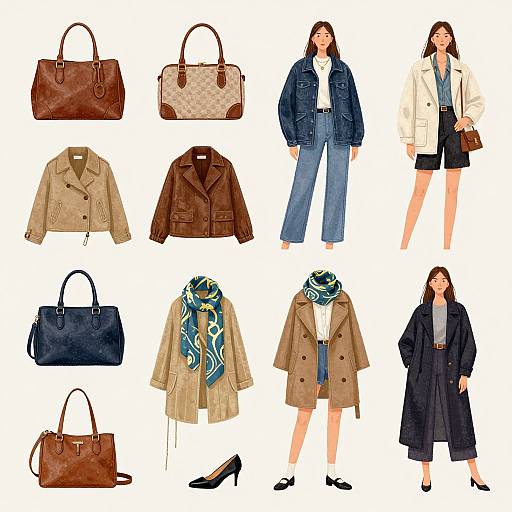 Photograph of eight fashion outfits: two handbags, four jackets, two scarves, three women in blue, beige, and black attire.