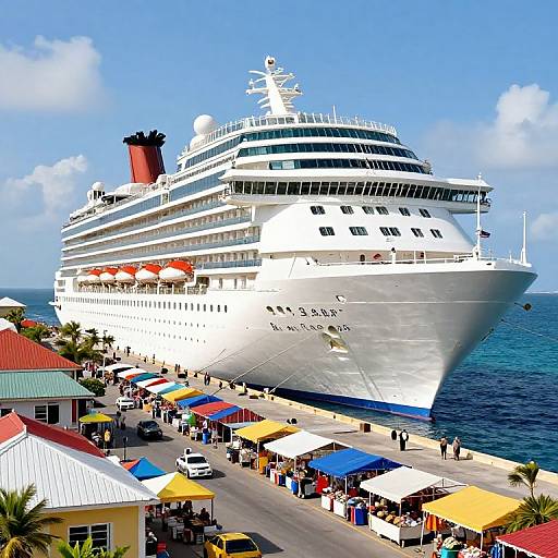 Photograph of a massive white cruise ship docked at a colorful, sunlit port with vibrant umbrellas, palm trees, and people.