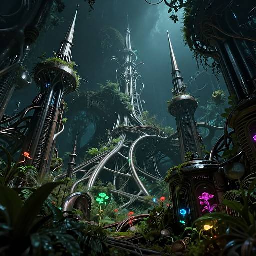 Digital artwork of a futuristic, alien forest featuring towering, metallic spires with glowing neon lights, intertwined with lush greenery and colorful bioluminescent