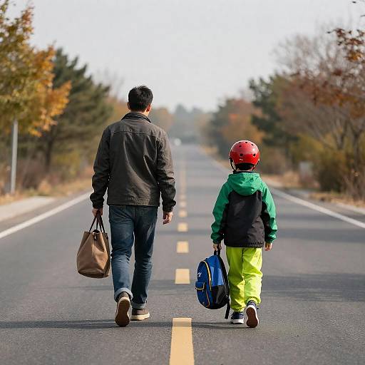 Autumn Road Walk: Father and Son