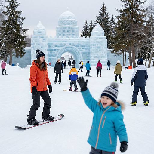 Photograph of a snowy outdoor scene with people snowboarding and skiing near a large, detailed ice arch structure, surrounded by pine trees. Children and adults