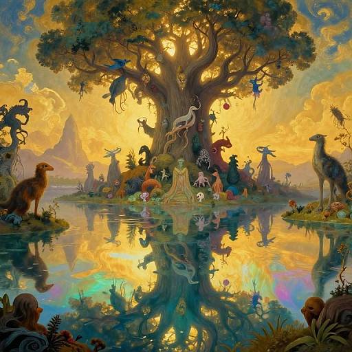 Whimsical digital painting of a magical forest at sunset, featuring fantastical creatures, a giant tree, and a reflective pond, with vibrant colors and