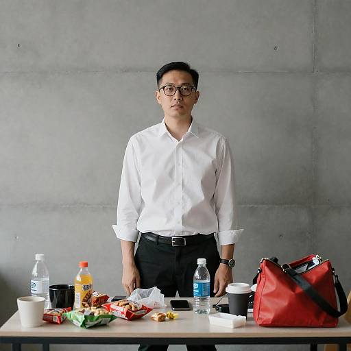 Man in White Shirt Behind Cluttered Table