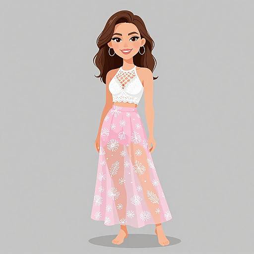 Digital illustration of a smiling woman with brown wavy hair, wearing a white lace crop top and pink floral maxi skirt, barefoot, against a light