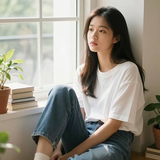 Photograph of an Asian woman with long black hair, wearing a white t-shirt and blue jeans, sitting by a sunlit window, with potted