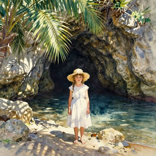 Impressionist Watercolor Tropical Cove Girl