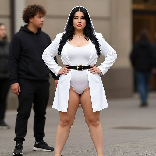 Photograph of a confident woman with long black hair, wearing a white hooded dress with a belt, standing in an urban street, with a curly