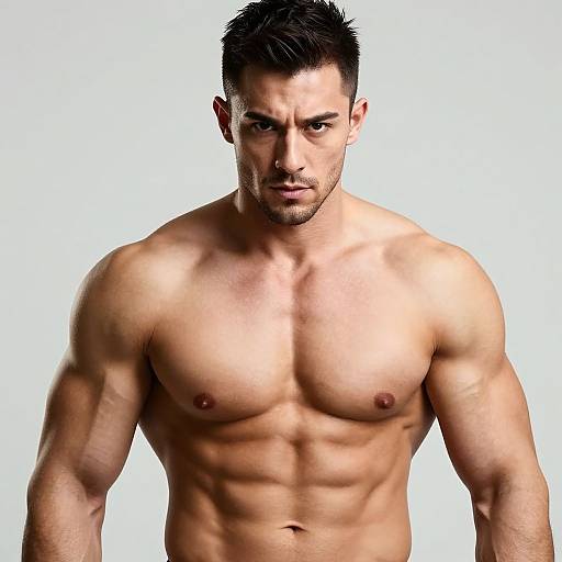 Photograph of a muscular, shirtless, dark-haired man with a stern expression, defined abs, and prominent biceps against a plain white background.