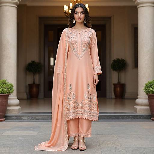 Photograph of a beautiful South Asian woman in a peach embroidered traditional kameez and long dupatta, standing in front of a grand building with columns