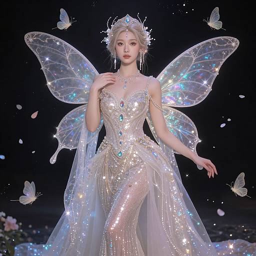 Photograph of a fair-skinned, ethereal fairy woman with glowing, iridescent wings, wearing a sparkling, silver gown with blue gemstones