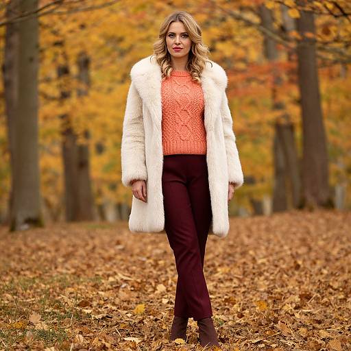 Photograph of a blonde woman with wavy hair, wearing a white fur coat, orange sweater, black pants, and brown boots, walking through a