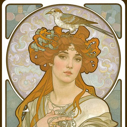 Art Nouveau-style illustration of a fair-skinned woman with red hair, wearing a ornate bird-adorned headpiece, holding a necklace,