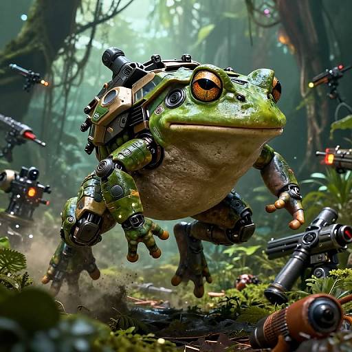 Digital artwork: Cybernetic frog with orange eyes, mechanical limbs, and a turtle shell, leaping in a lush, foggy forest amidst scattered