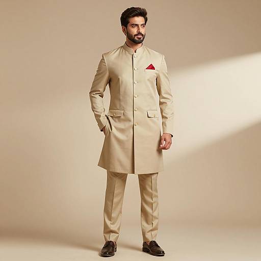 Handsome Indian Man in Khaki Jodhpuri Suit