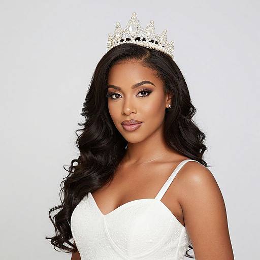 Photograph of a beautiful Black woman with long, wavy black hair, wearing a white lace dress and sparkling tiara, against a plain white background