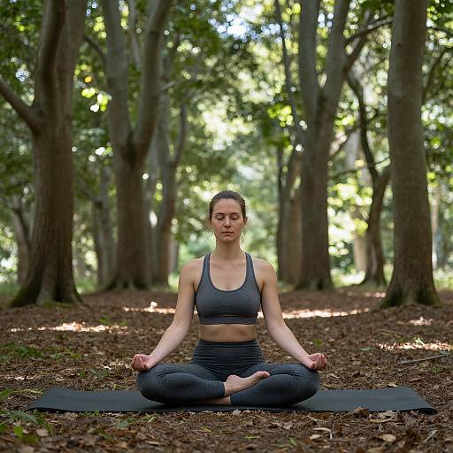 Photograph of a woman with light skin, brown hair in a bun, wearing a gray sports bra and black yoga pants, sitting cross-legged on a