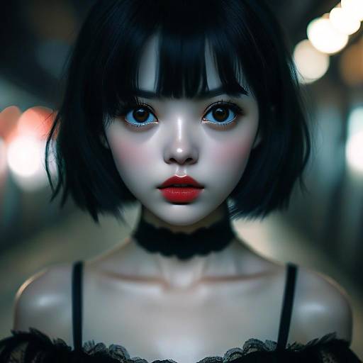 Digital artwork of an Asian woman with short black hair, striking blue eyes, red lips, black lace top, choker, and illuminated city background.
