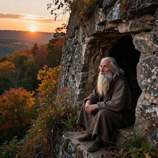 Serene Elderly Hermit in Autumn Forest