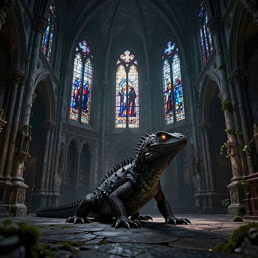 Photorealistic CGI of a large, spiked lizard with glowing orange eyes in a dark, gothic cathedral with colorful stained glass windows.