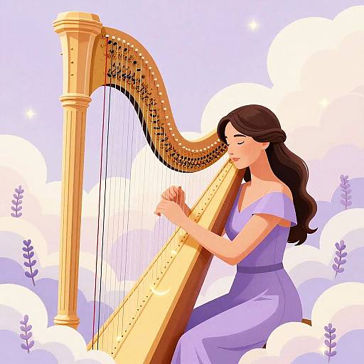 Digital illustration of a brunette woman with long hair, wearing an off-shoulder lavender dress, playing a golden harp with closed eyes, surrounded by