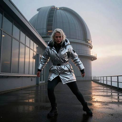 Photograph of a stern-looking woman in a shiny silver coat, black pants, and boots, standing on a wet, reflective observatory roof at sunset