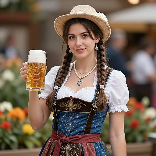 Photograph of a young woman with braided brown hair, wearing a straw hat, white blouse, blue dirndl, and pearl necklace, holding a