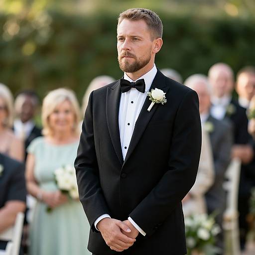 Photograph of a handsome bearded man in a black tuxedo with a white rose boutonniere, standing solemnly at a wedding,