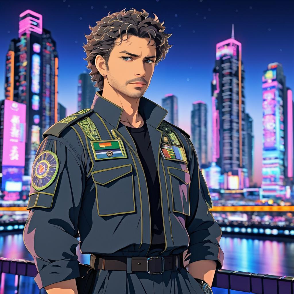 Rugged Anime Hero in Futuristic City