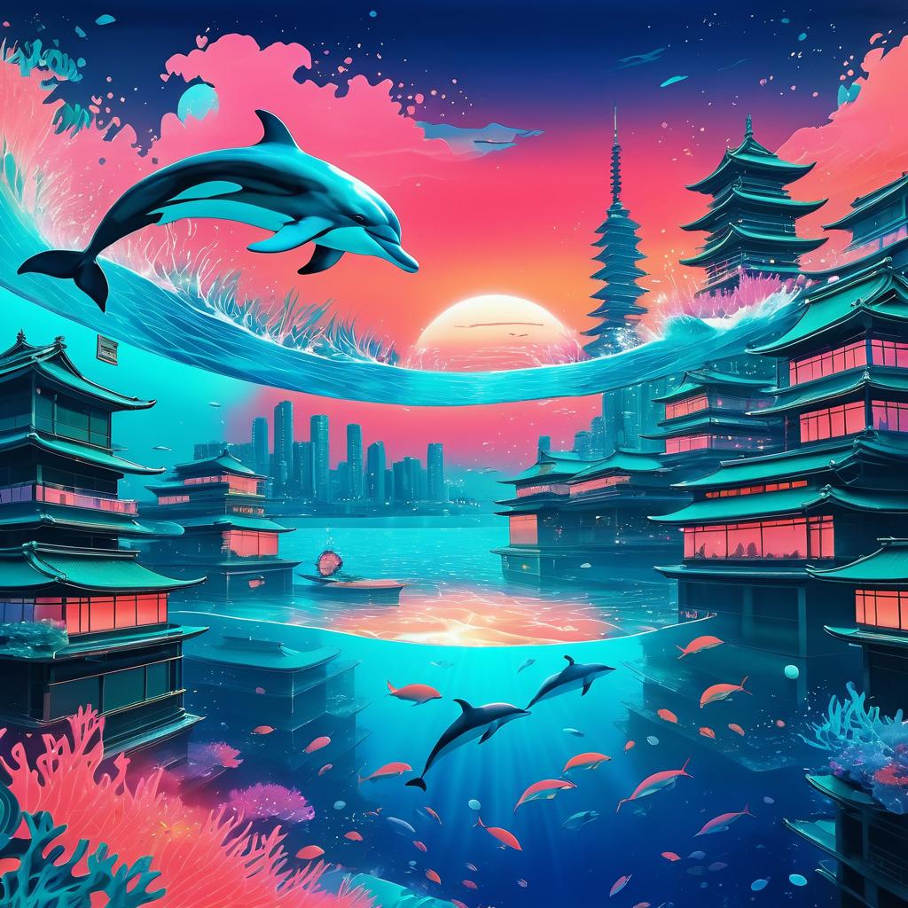 Ukiyo-e Underwater City with Dolphin Art