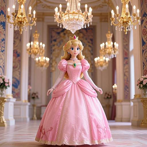 CGI image of Princess Peach in a pink ball gown, gold crown, green pendant, standing in an ornate, chandelier-lit ballroom