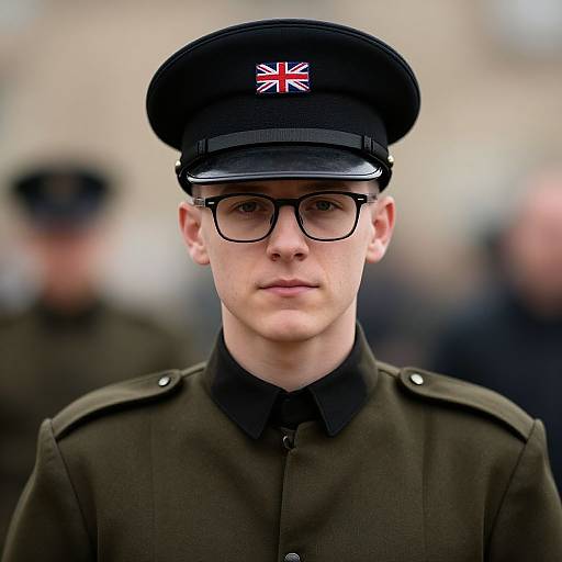 Photograph of a young, fair-skinned male soldier with black-rimmed glasses, black military uniform, and British flag emblem on his cap,