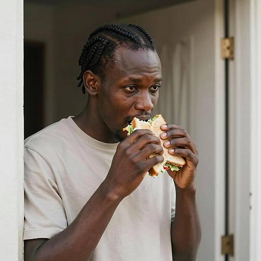 Man Enjoying a Sandwich in Doorway