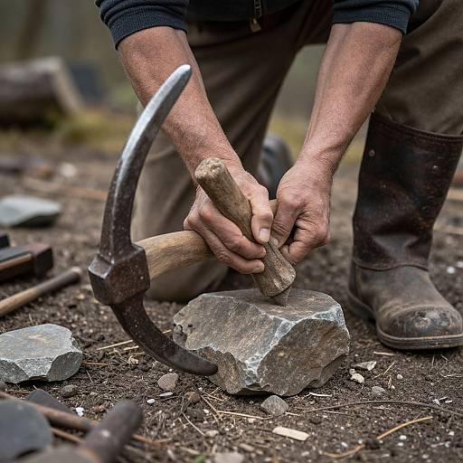 Photograph of a person's hands gripping a wooden hammerhead, about to strike a large stone with a curved blacksmith's hammer on a dirt ground