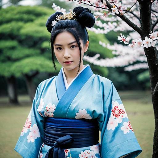 Asian woman in blue kimono with cherry blossoms