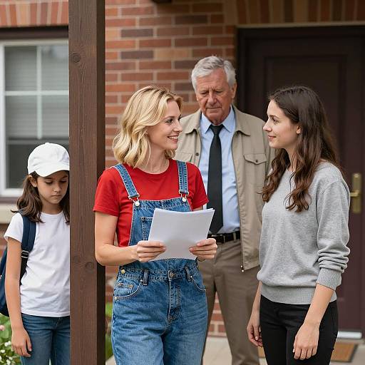 Four People by Brick Building Scene