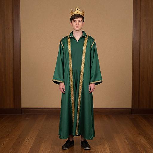 Photograph of young boy wearing a green robe with gold trim, gold crown, black shoes, standing in wooden room with beige walls.