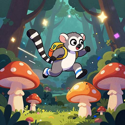 Cartoon raccoon with backpack leaps joyfully through vibrant forest, surrounded by glowing mushrooms and twinkling fairy lights, in colorful digital art style.