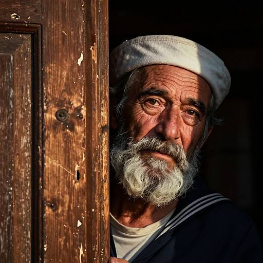 Photograph of an elderly Middle Eastern man with a white beard and headscarf, peering through a weathered wooden door. His wrinkled face