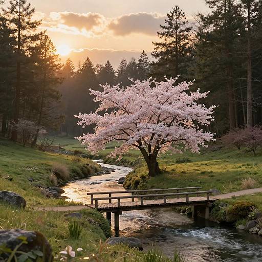 Tranquil Forest Scene with Cherry Blossom