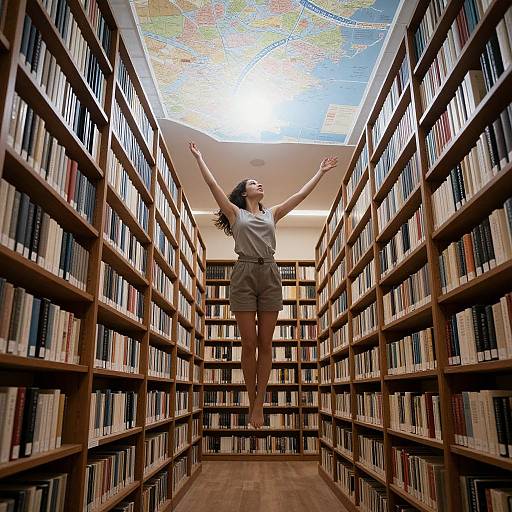 Photograph of a woman with long curly hair, wearing a white shirt and gray shorts, leaping joyfully between tall bookshelves with a map