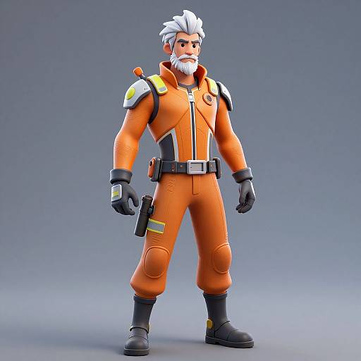 CGI image of a white-haired, bearded man in an orange, futuristic, armored jumpsuit with black gloves, boots, and a holster.