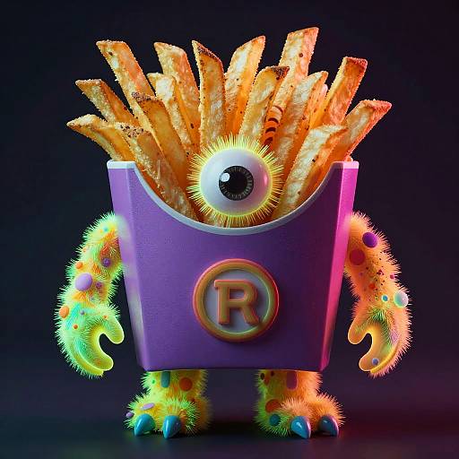 Photorealistic CGI of a vibrant, fuzzy, eye-headed container filled with neon orange fries, with a purple body and glowing 