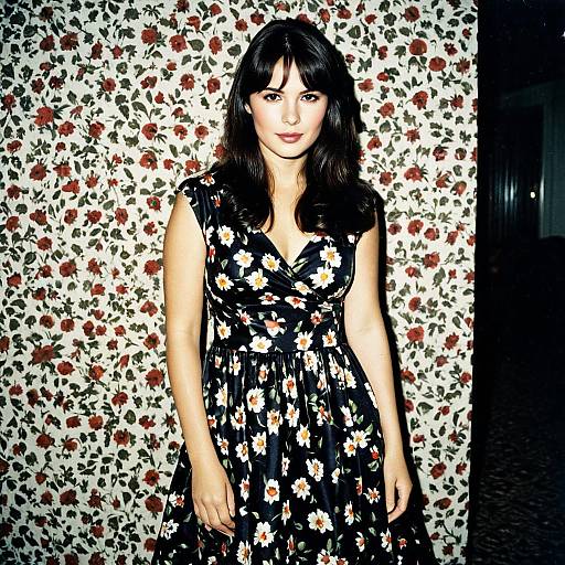 Young woman in floral dress standing indoors