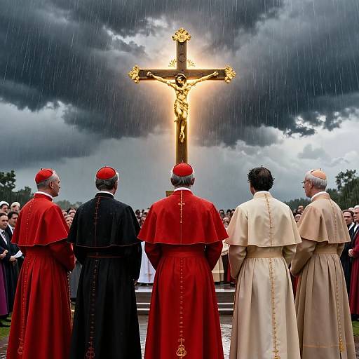 Photograph of five Catholic priests in red and white vestments, standing in rain, facing illuminated crucifix under dark clouds.