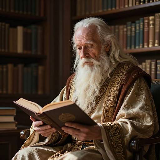 Photograph of an elderly white man with a long white beard, wearing ornate golden robes, reading a book in a dimly lit library with filled