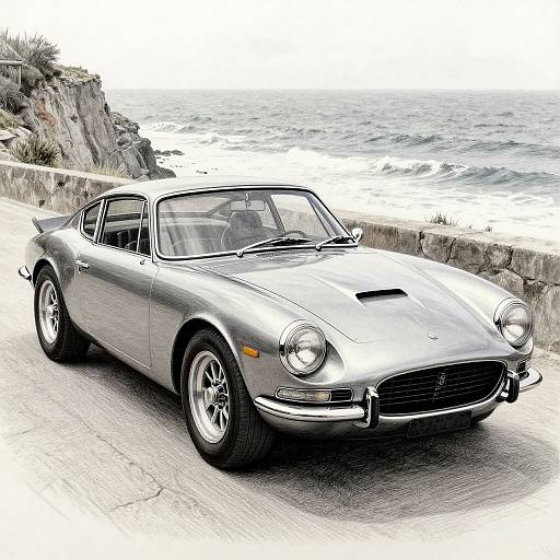 Photograph of a silver, vintage convertible car with a hood scoop, parked on a coastal road with rocky cliffs and ocean in the background.