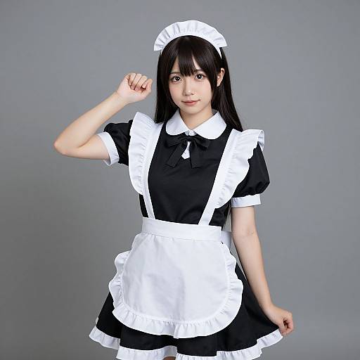 Photograph of an Asian woman with long black hair, wearing a black and white French maid outfit, posing against a gray background.